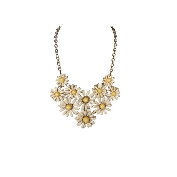 Daisy Sunflower Floral Statement Necklace Women White Enamel Yellow Pearl Center - Picture 9 of 16